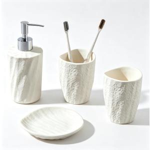 Bathroom Accessories Set, 4 PCS Modern Stone Look Bathroom Accessory Set with Hand Soap Dispenser 11.5 OZ, Tumblers, Toothbrush Holder, Bar Soap Dish Holder Saver (White)