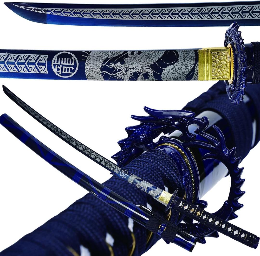 Kamaiwo-1045/ 1060 Clay Tempering high Carbon Steel Hademade Heat Tempered Full Handmade Hand Forged Japanese Katana Authentic ，Full Tang, Functional, Practical Blue