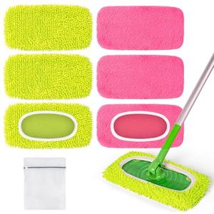 6 Pack Reusable Mop Pads Compatible with Swiffer Sweeper Mop, Washable Wet Pads Refill, Dry Sweeping Cloths, Microfiber Pads for Mopping Floors (Green, Pink)