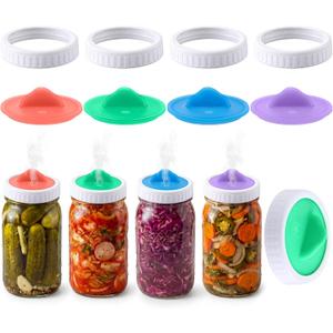 8 Pcs Fermentation Kit, 4 Pack Airlock Fermentation Lids, 4 Pack Plastic Rings for 3 Wide Mouth Mason Jars, Silicone Self Burping Mason Jar Airlock Lids & Screw Jar Bands for Fermenting