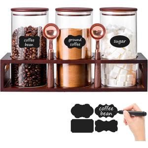 ZOMUIA Glass Coffee Containers Airtight Coffee Bean Storage Canisters with Shelf, 3Pcs 44oz Coffee Station Organizer, Kitchen Food Storage Jars for Sugar, Candy, Oats, Nuts (Retro)