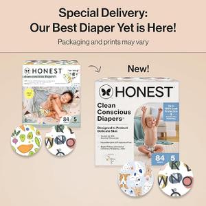 The Honest Company Clean Conscious Diapers for Sensitive Skin, Up to 100% Leakproof Hypoallergenic Fragrance-Free Baby Diapers, Gender Neutral Prints, Super Club Box, Size 5 (27+ lbs), 84 Count