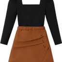 Girls Plaid Skirt Set A-Line Skort 2PCS Outfit Casual Square Neck Knit Puff Sleeve Shirt Top Fall Winter Clothes 7-14Y (9-10 Years, Brown)