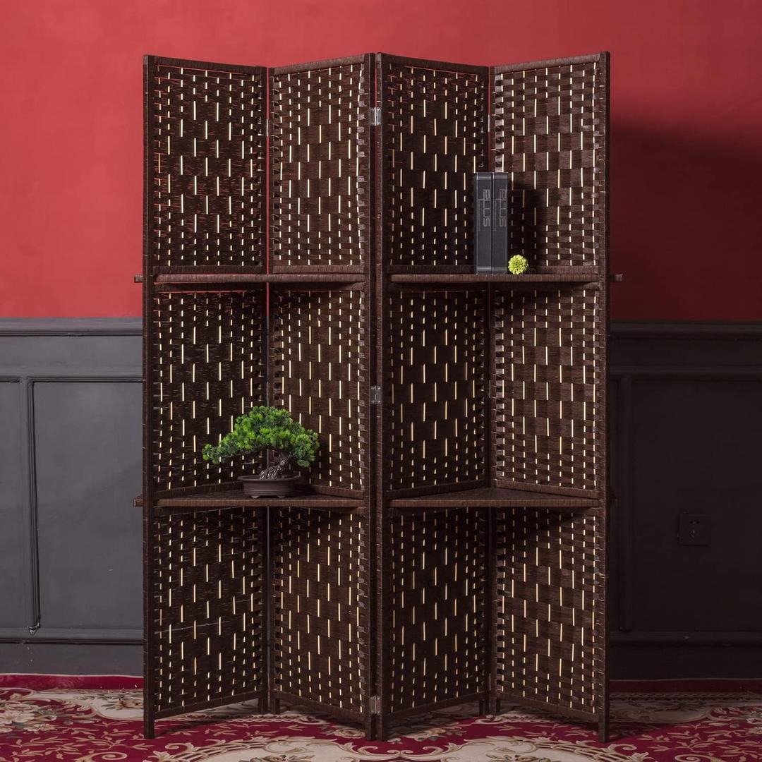 4 Panel Room Divider and Folding Screen Divider with Shelves, Panel Divider Screen with Removable Storage Shelves, Dark Brown,67" H x 51.2" W