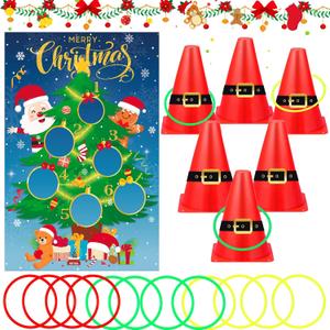 Christmas Ring Toss Game,6 Christmas Hat Plastic Cones and 30 Colorful Rings Chris tmas Carnival Party Game DIY Game Chris tmas Party Favors Indoor Outdoor Ring Toss Game