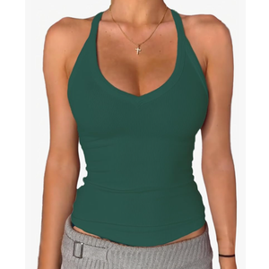 Danysu V Neck Racer Back Tank Top for Women Padded Ribbed Long Tank Fitted Basic Cami Tops, Green, M