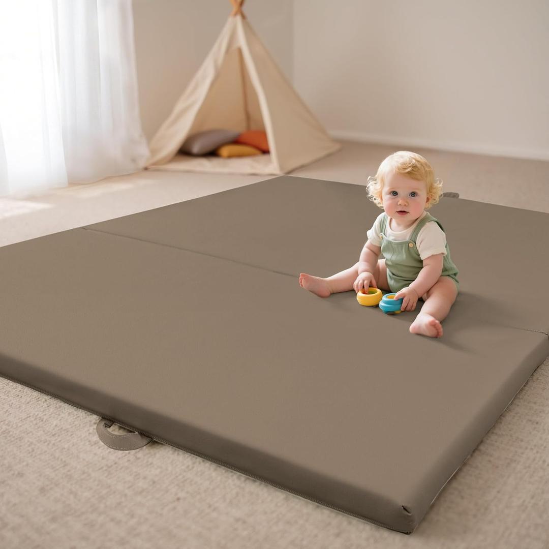 Foldable Baby Play Mats for Floor Vegan Leather 1.5 Inch Extra Thick Foam Play Mat for Kids for Playpen,Wipe-Clean Waterproof, Travel with Storage Bag, Crawling Mats for Toddlers&Infants, Brown