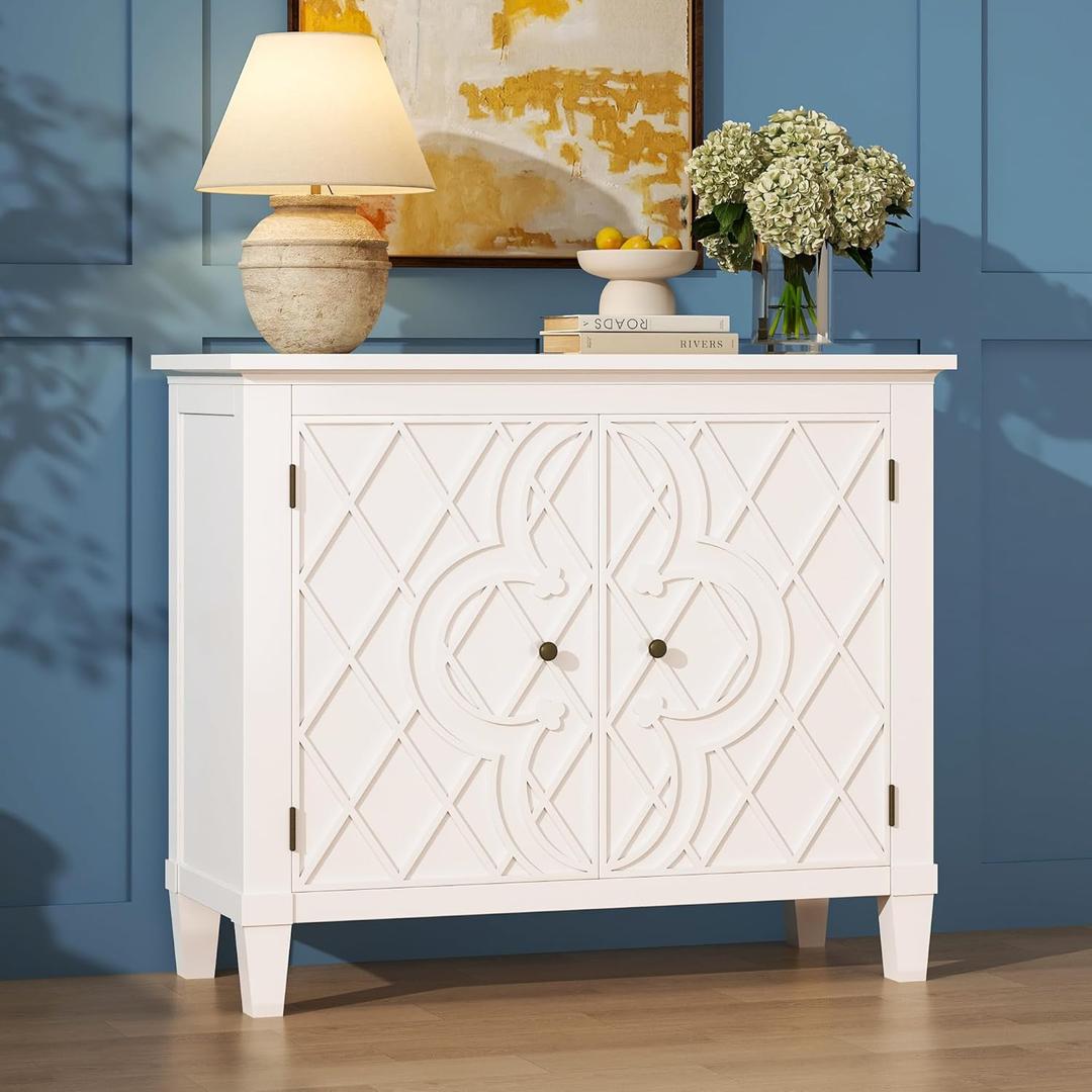 40" Coffee Bar Cabinet with Shelf, Craft Storage Cabinet with Doors, Wood Cabinet, Charming Carved Motif, Entry Way Cabinet with Storage, Sideboard Buffet for Living Room, Kitchen, Distressed White