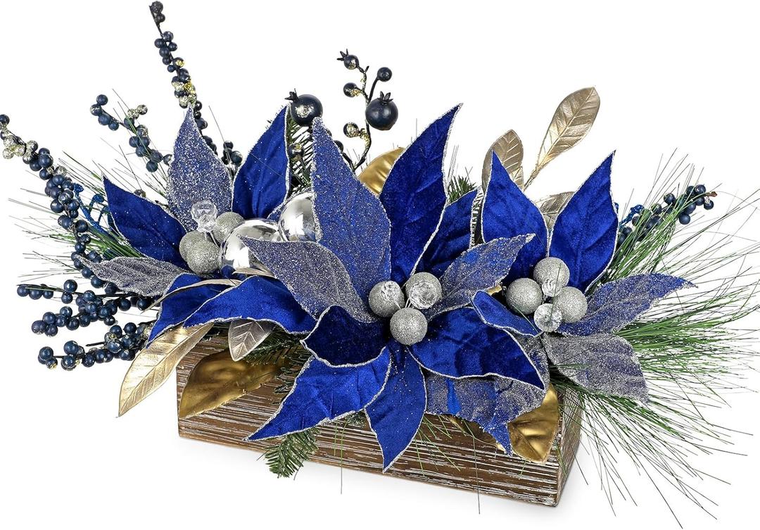 Hollyone Poinsettia Flowers Artificial in Pot 14inch Blue Poinsettias Christmas Flowers Potted Plants Arrangement with Wood Pot Berries Pine Cone Norfolk Pine for Table Centerpieces Xmas Home Decor