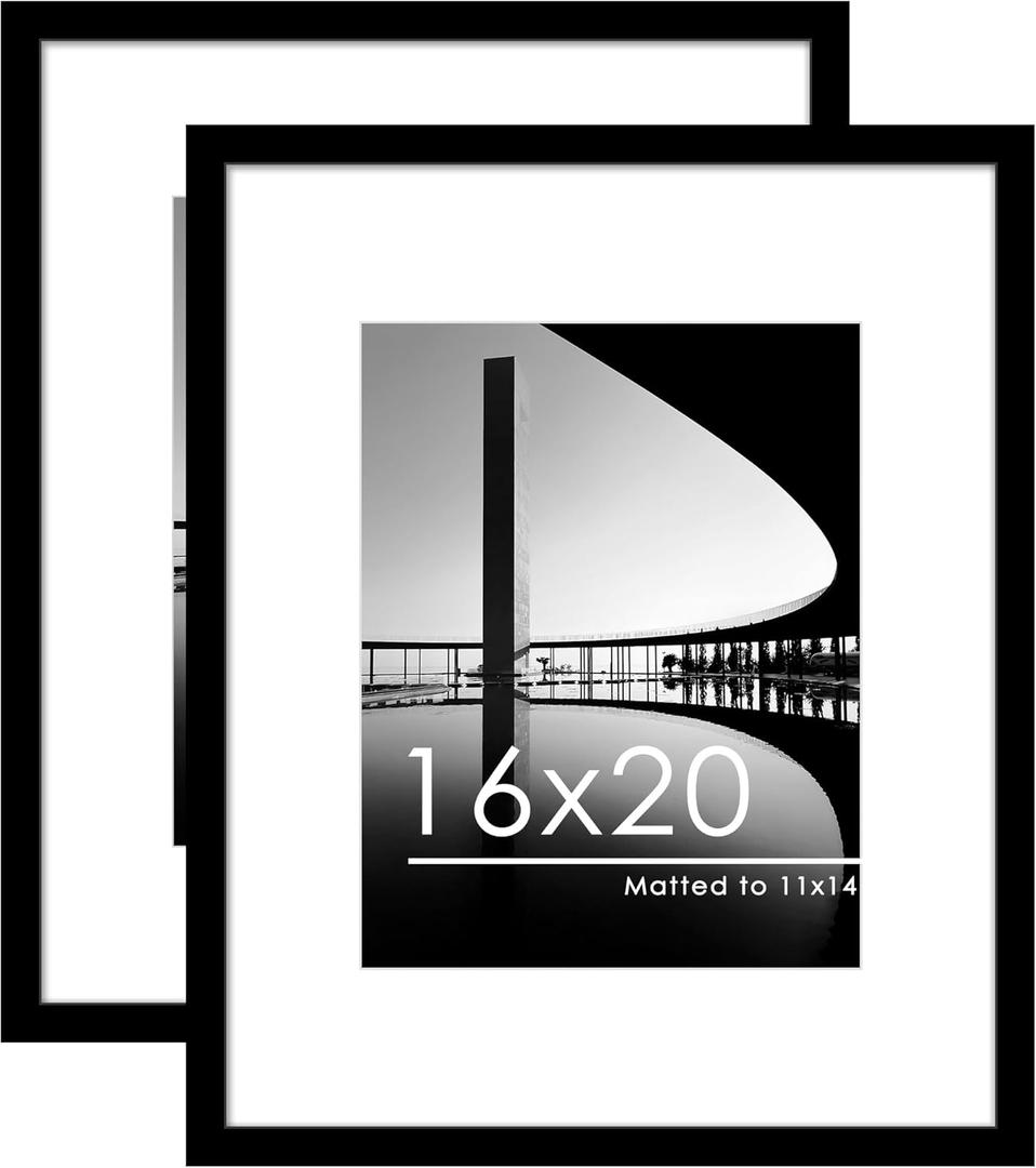 PEALSN 16x20 Picture Frame Set of 2, Display Pictures 11 x 14 with Mat or 16 x 20 without Mat for Wall Mounting Display, Poster Frames, Black.