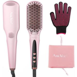 Hair Straightener Brush Straightening Brush Ceramic 2-in-1 Ionic Straightening Brush with Anti-Scald Feature,MCH 20s Fast Heating up, 170-450,LCD Display, Dual Voltage