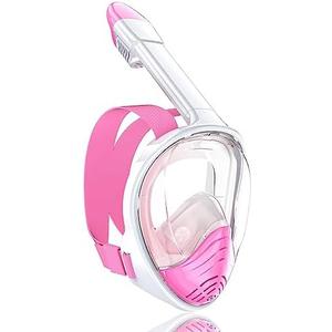 QingSong Full Face Snorkel Mask for Adults, Snorkeling Gear with Camera Mount, 180 Degree Panoramic View Snorkel Set Anti-Fog Anti-Leak (Small-Medium, White Pink)