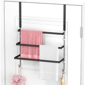 Over The Door Towel Rack, Towel Rack with Hooks for Door Hanging, Door Towel Bar, Over Door Towel Racks for Bathroom (Black) (3-Tier Rack)