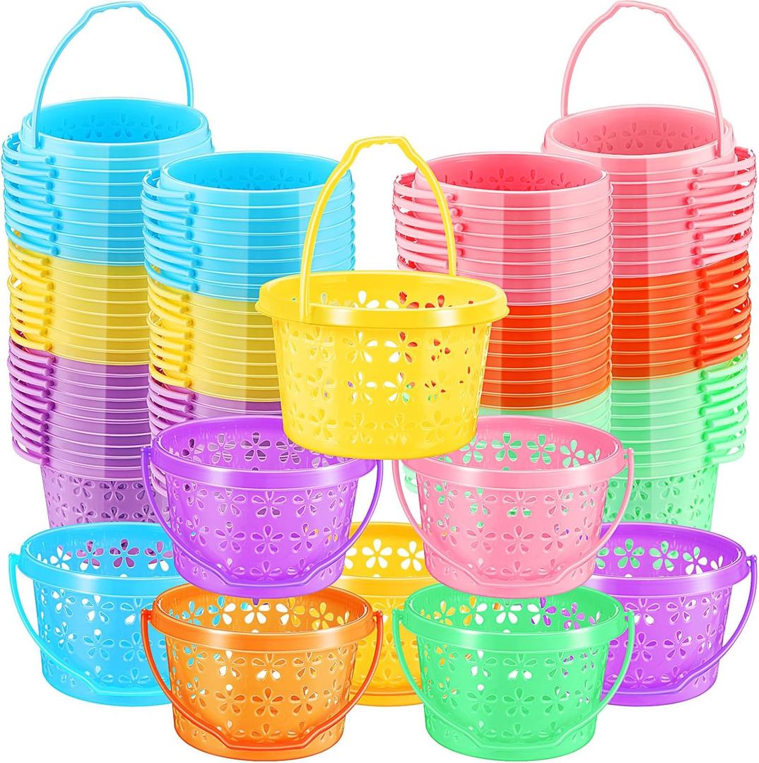 100 Pieces Plastic Easter Baskets Bulk with Handles Colorful Round Egg Mini Baskets for Easter Party Favors Egg Hunt Supplies, 6 Colors
