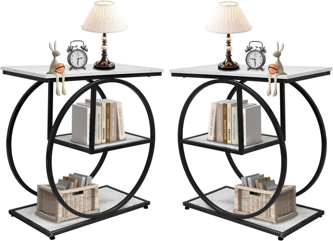AT-VALY Pair of 2 Side Table with Storage Shelves,3-Tier End Table, Small Sofa Side Table for Living Room, Bedroom (Black)