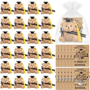 25 Sets Mini Middle School Graduation Bear 8th Grade Graduation Gifts Bulk Include Mini Stuffed Bear Bracelet Organza Bag Hello High School Card for 8th Students Class of 2026 Party Favors(Black)