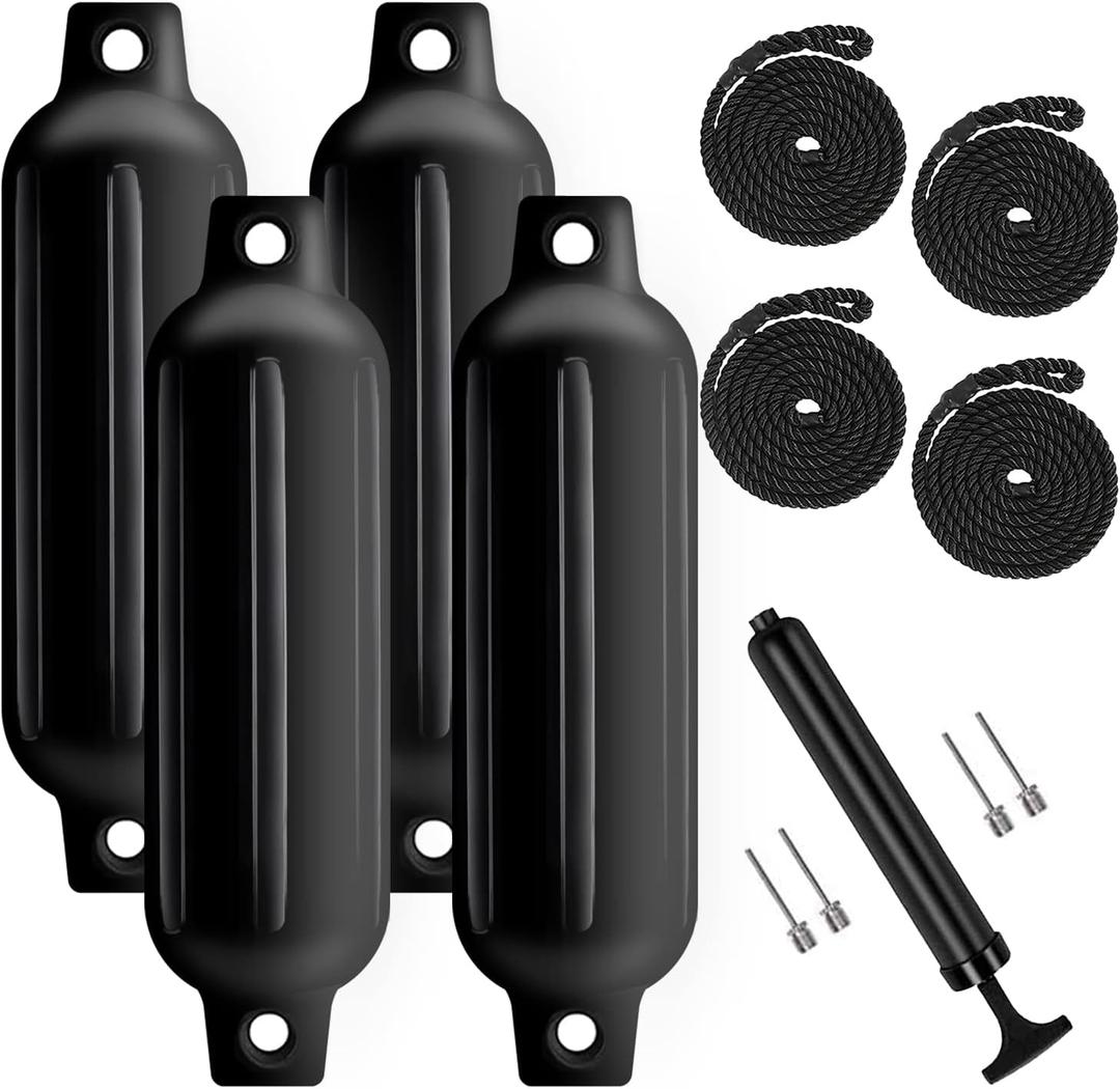 Boat Fenders 4 Pack, Ribbed Twin Eyes Boat Fenders Bumpers for Docking, Inflatable Marine Boat Bumper with 4 Ropes, 4 Needles and 1 Pump (black)