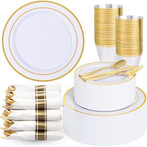 Sykomo 175PCS Disposable Plastic Plates,Gold Plastic Dinnerware Set Includes 25 Dinner Plates, 25 Dessert Plates, 25 Pre Rolled Napkins with Gold Silverware, 25 Cups for Party, Wedding, Birthday (White and Gold)