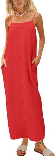 ReachMe Womens Linen Maxi Dress Loungewear Spaghetti Strap Long Dresses Square Neck Sleeveless Backless Dress with Slit Small, Red
