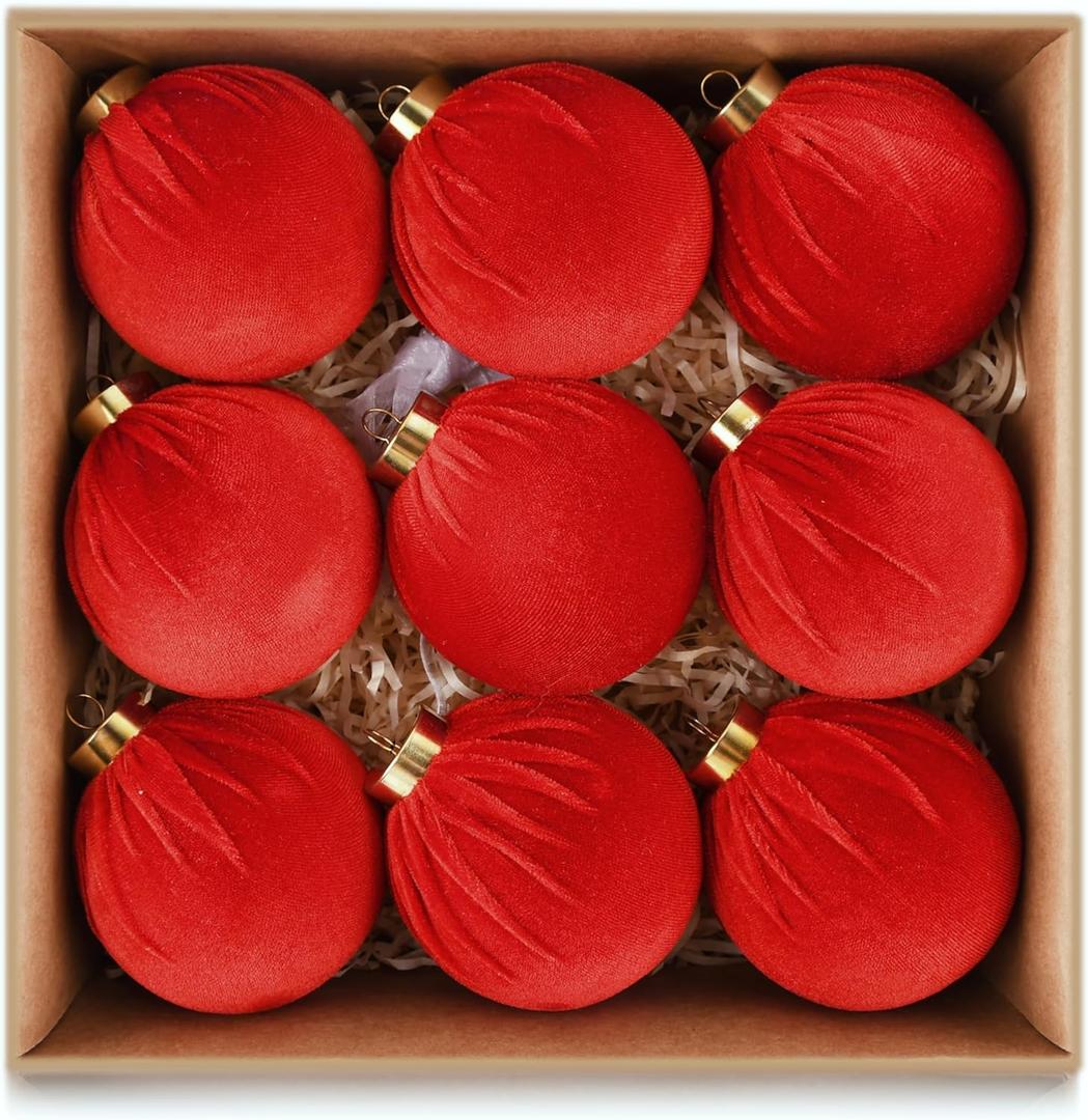 Velvet Ornaments for Christmas Tree Decorations - Red Xmas Ball Ornament for Indoor Holiday Decor - Shatterproof Christmas Bulbs Ornaments 80mm 3.15inch - Pack of 9