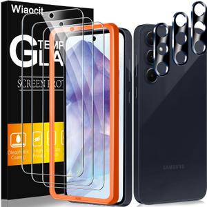 Wiaocit Tempered Glass Screen Protector for Samsung Galaxy A55 5G | 3+3 Pack, 9H Hardness, Camera Lens Protector, Installation Frame, Bubble Free, Case Friendly