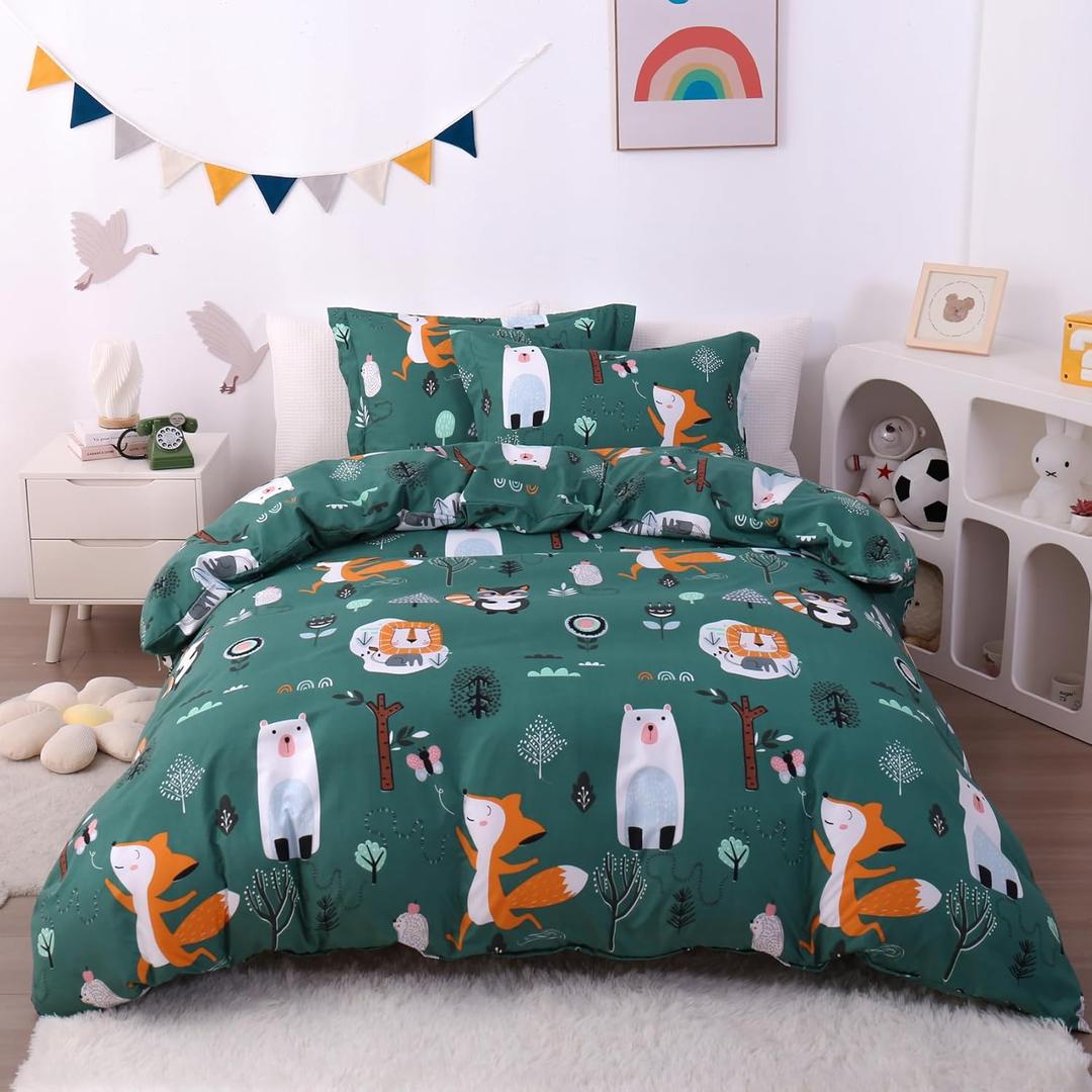 JSD Green Forest Animal Kids Duvet Cover Set Twin Size, 2 Piece Soft Printed Microfiber Comforter Cover with Pillow Sham Zipper Closure, Comforter Not Included