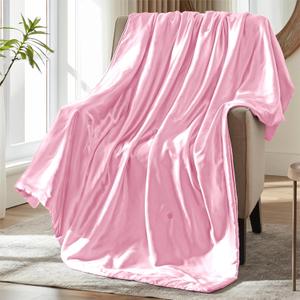 MILVOWOC Blush Pink Satin Throw Blanket - 64 x 90 Inches, Cooling Packable Lightweight Satin Blanket, Soft & Cozy Silky Throw Blanket for Couch Sofa Bed Outdoor Travel 