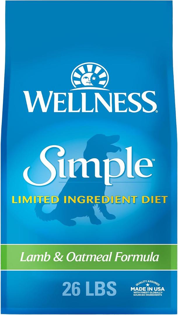 Wellness Simple Limited Ingredient Diet Adult Dry Dog Food, Wholesome Grain Kibble, Sensitive Stomach, Skin & Coat Support, Natural, Chicken Free, Lamb and Oatmeal Recipe, 26 lb Bag (EXP 09/08/26)