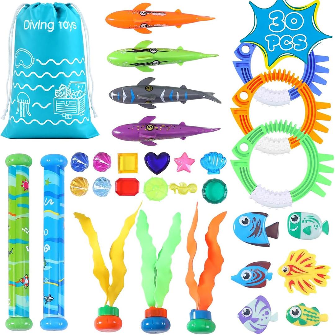30 Packs Summer Pool Diving Swimming Essentials Toys for Kids, Fun Swim Games Sinking Set, Underwater Dive Gifts with Storage Bag Include Torpedo Gems Shark Rings Sea Animals for Boys Girls Toddlers