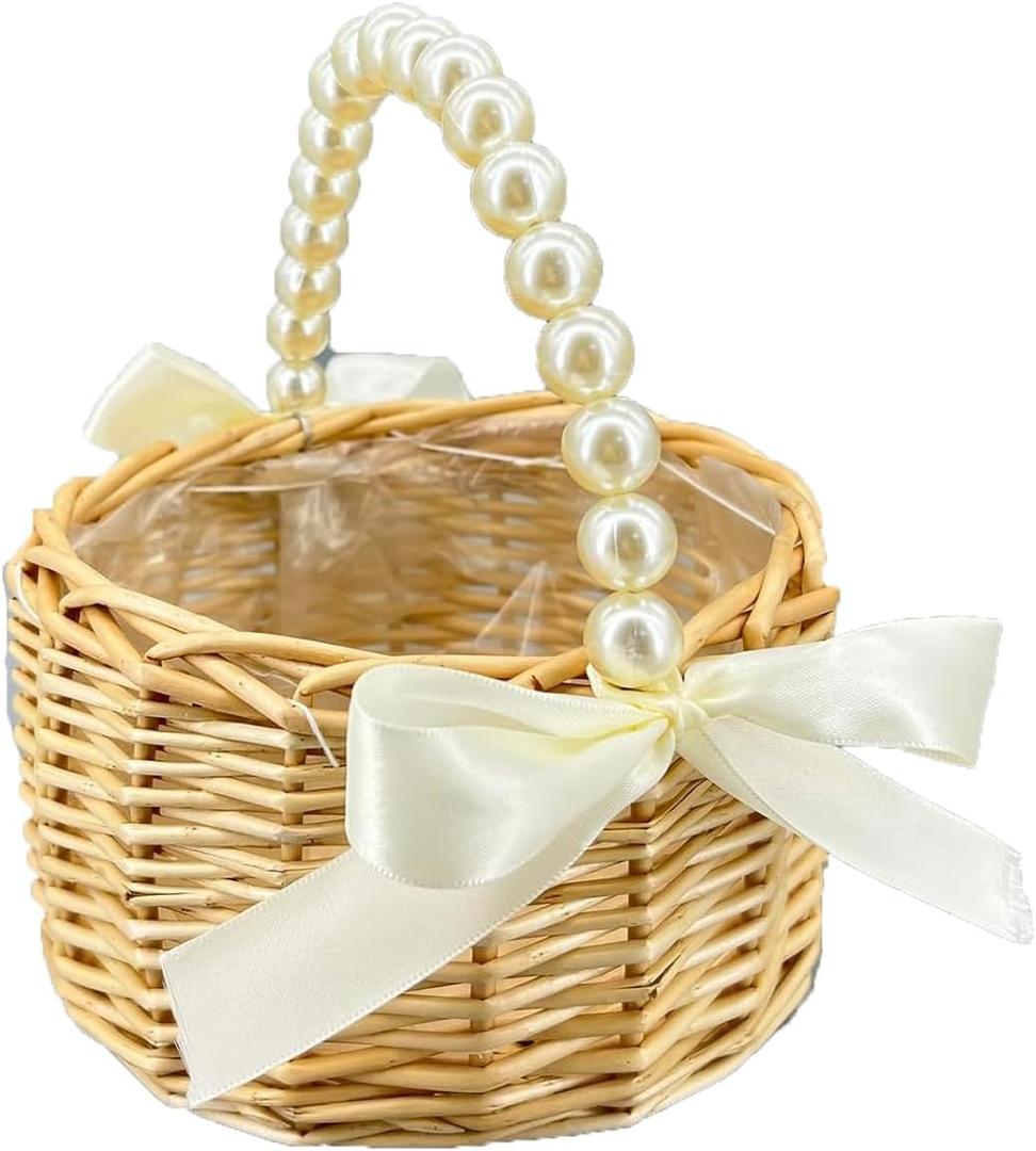 Wicker Rattan Flower Girl Basket with Bows, Pearl Handle Wedding Flower Girl Basket and Home Decorations