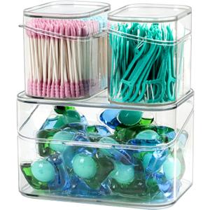Clear Bathroom Organizer, 2-Size Essentials Set for Hail Accessories & Beauty Supplies,Cotton Swabs,Balls,Pads - Small Clear Plastic Canister Apothecary Jar Set, Vanity Makeup Storage Organizer (L+2S)