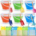 MiniInflat 18 Pcs Foldable Sand Buckets and Shovels and Mesh Bags for Kids Beach Tools Sand Toys Metal Garden Tools for Camping Gear, Travelling, Fishing Water Pail, Bright Colors