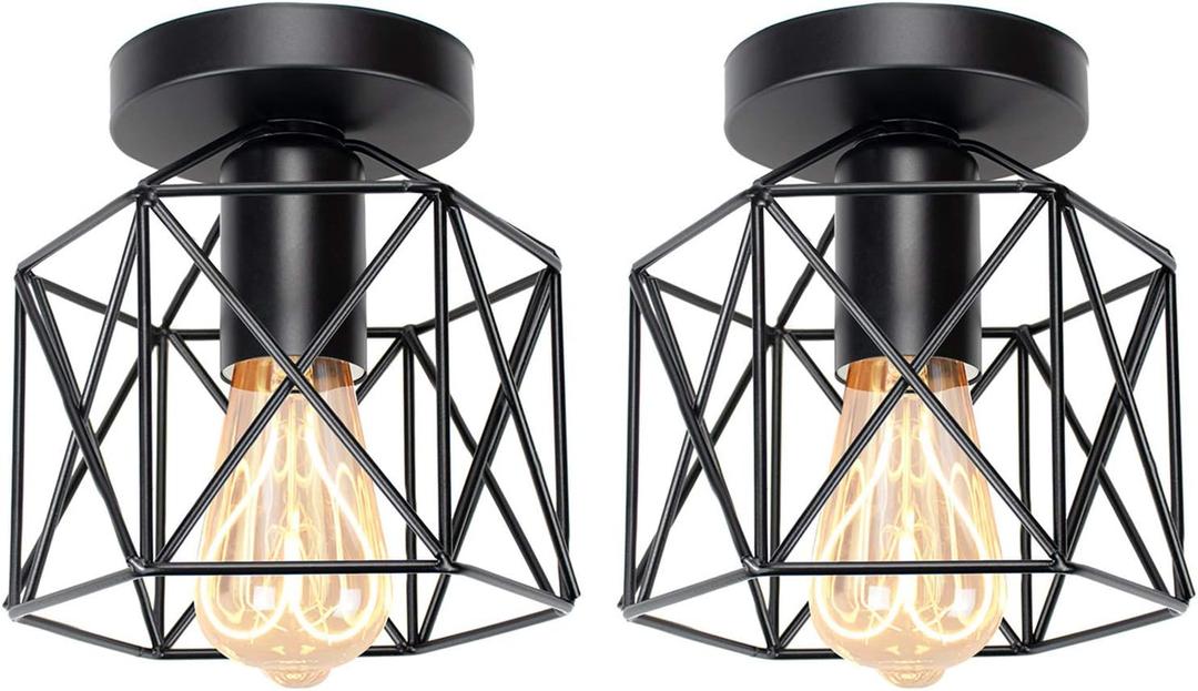 Hedume 2 Pack Semi-Flush Mount Ceiling Light, Retro Black Industrial Ceiling Light - Black Painting Metal Pendant Light Fixture for Hallway Stairway Bedroom Kitchen (E27)