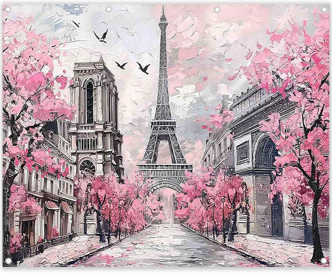 2D Spring Paris Eiffel Tower Backdrop Blurred Oil Hand-Painted Style Pink Cherry Flowers European City Landscape Photography Background Party Decorations Photo Banner 10x8ft