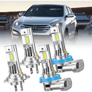 LED Headlight Bulbs for Hyundai Santa Fe Sport 2013 2014 2015 2016, H7 High Beam and H11 Low Beam, 6000K White, Plug and Play with Cooling Fan, 4-Pack