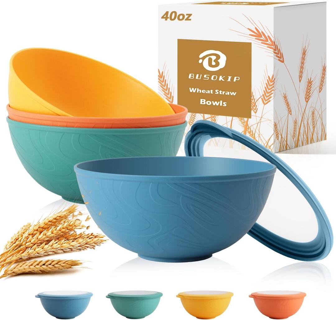 Wheat Straw Bowls 40 OZ, Unbreakable Salad Container for Lunch, Plastic Bowls with Lids, Microwavable Meal Prep Bowls for Cereal, Ramen, Soup, Leftovers - 4 Large Bowls and 4 Lids, Multi