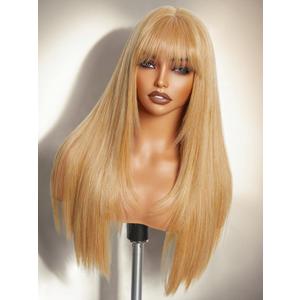 GORGIUS Straight Glueless Wig with Bangs Golden Blonde Layered Hair Ready-to-Go Synthetic Bang Wigs with Realistic Scalp 24 Inch