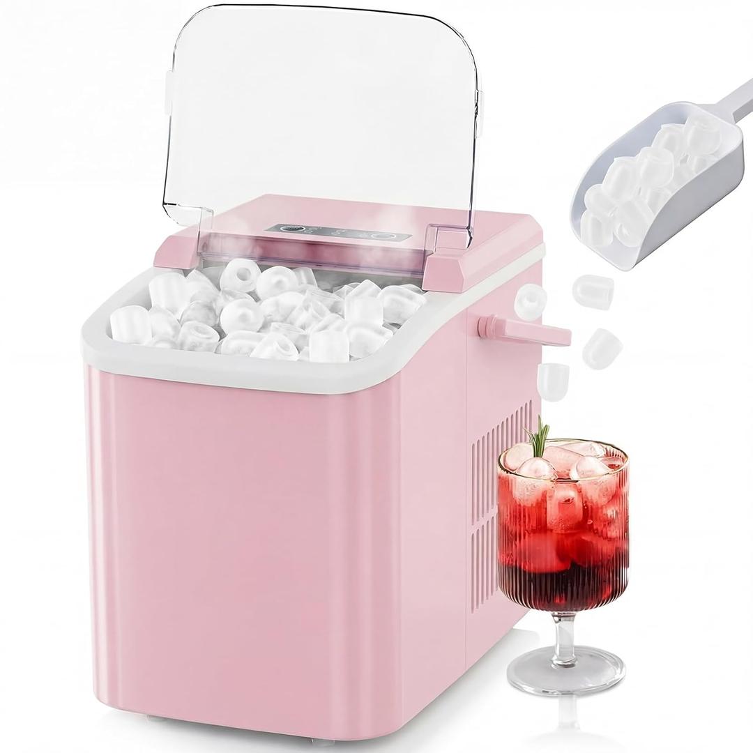NEWBULIG Ice Makers Countertop with Handle, Portable Ice Machine, 9 Bullet Ice Cubes in 6 Mins, 26lbs in 24Hrs, Auto-Cleaning, with Basket and Scoop, for Home, Kitchen, RV, Camping, Light Pink