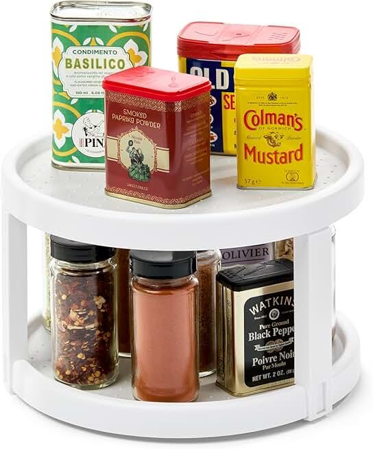 madesmart 10" Two-Level Turntable, Tiered Spinning Organizer for Spices, Lazy Susan Organizer, Condiments & Pantry Items, Non-Slip Lining, Easy to Clean, White
