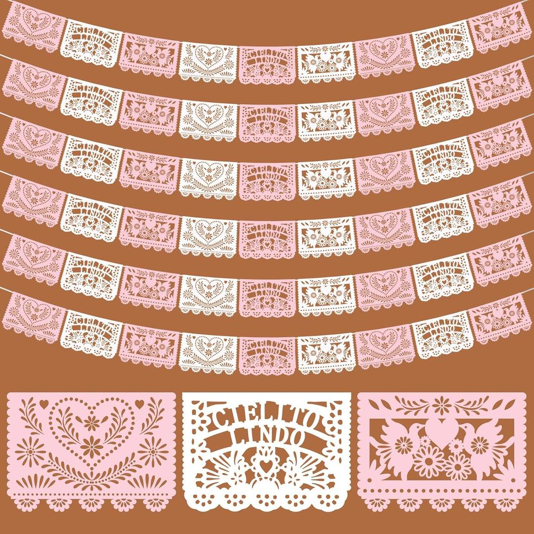 TaoBary 6 Pack Pink and White Papel Picado Baby Shower Party Decorations 118 Feet Cielito Lindo Baby Shower Party Banners Cinco De Mayo Papel Picado Fiesta Banner for Mexican Wedding Birthday