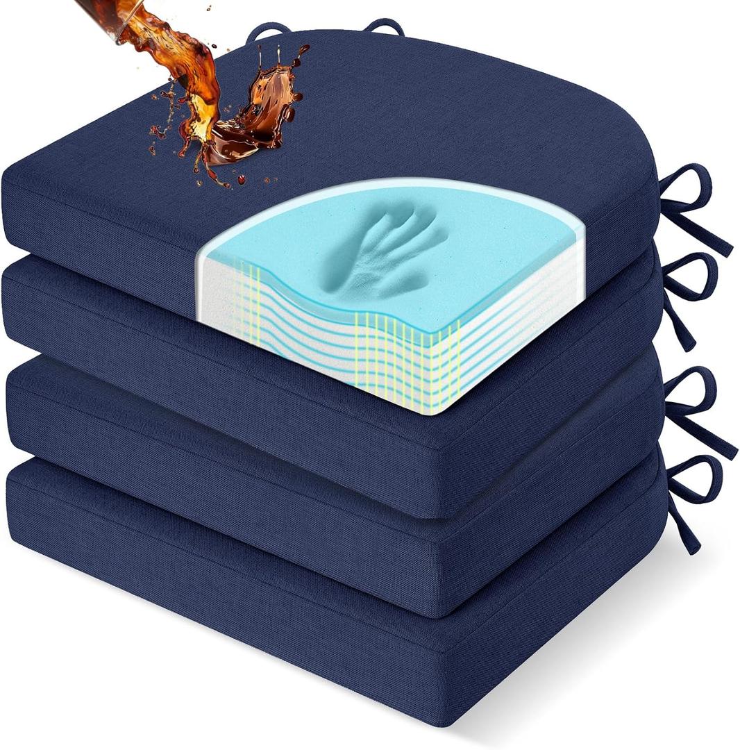 downluxe Chair Cushions for Dining Chairs, Memory Foam Linen Kitchen Chair Pads with Ties, Waterproof, Stain-Resistant and Washable Cover, 17" x 16" x 2.5", Blue, 4 Pack