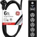 GE Surge Protector Power Strip, 6 Ft Extension Cord, 6 Outlet Extender, 800 Joules, Flat Plug, Twist-to-Close Safety Covers, ETL Listed, Black, 33661