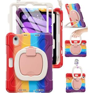 BRAECN Kids Case for iPad mini 7 (A17 Pro) & iPad mini 6, Shockproof Protective Silicone Cover with Screen Protector for 8.3 iPad, Handle Grip, Kickstand, Shoulder Strap & Pencil Holder, Colorful Red