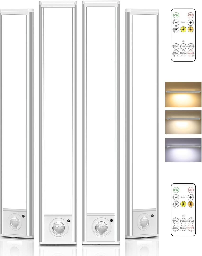 4Pack 12inch Under Cabinet Lighting, Rechargeable Motion Sensor Light Wireless Indoor, Dimmable 3 Color Temps Closet Lights with Remote, Indoor Under Counter LED Lights for Kitchen, Stairs