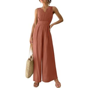 ANRABESS Jumpsuits for Women Summer Dressy Casual Linen Romper Sleeveless V Neck High Waist Wide Leg Beach Vacation Outfits (Orange, S)