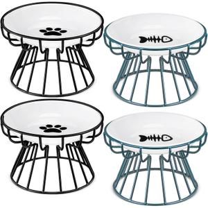 Roshtia 4 Sets Elevated Cat Bowls Ceramic Raised Cat Food Bowls with Metal Stand Dishwasher Safe Dishes Non Slip Elevated Food Plate(Black, Green,Fishbone, Paw)