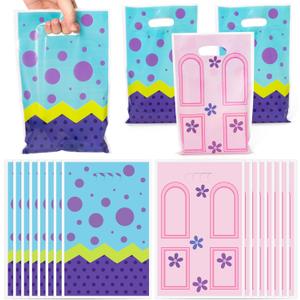 GaofanWai 50PCS Monster Party Favor Bags for Kids, Purple Pink Goodies Candy Treat Plastic Bags Bulk with Handles, Monster Party Decorations for Boys and Girls 1st 2nd Birthday Baby Shower Supplies