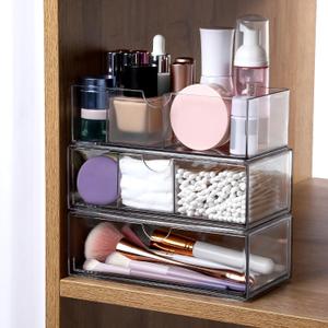 3-Tier Clear Stackable Makeup Organizer with Removable Dividers,Acrylic Medicine Cabinet Organizer and Storage for Bathroom Mirror Cabinets, Vanity, Closet, Countertop with Drawer