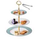 Jusalpha 3-tier Elegant Blue Ceramic Cake Stand/Cupcake Stand/Dessert Stand/Tea Party Pastry Serving Platter/Food Display, Stand, Comes In a Gift Box- Free Sugar Tong JQ-3RG (Blue)