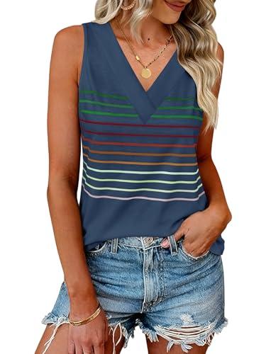 Women Summer Tops 2026 Loose Fit Casual Flowy Striped V Neck Tank Tshirts Trendy Sleeveless Tee Style Clothes,Navy Blue,M